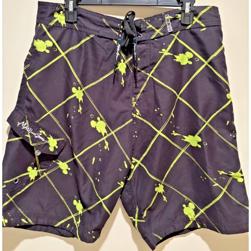 Maui and Sons black swim trunks with neon yellow/green graphic pattern Size 34